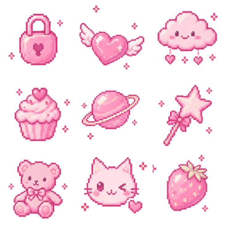 Kawaii pixel sticker sheet: hearts, cloud, cupcake, planet, and more